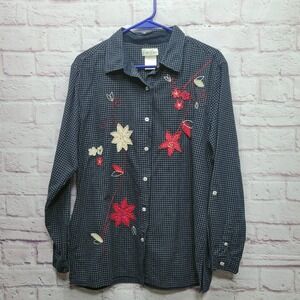 Bobbie Brooks Floral Embroidered Plaid‎ Button Shirt Sz L Retro Country Holiday